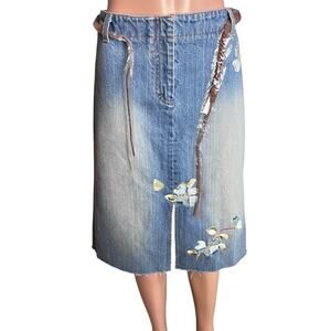Kenneth Cole NY Embroidered Denim Midi Skirt 8 New With Tags Belted Cottagecore